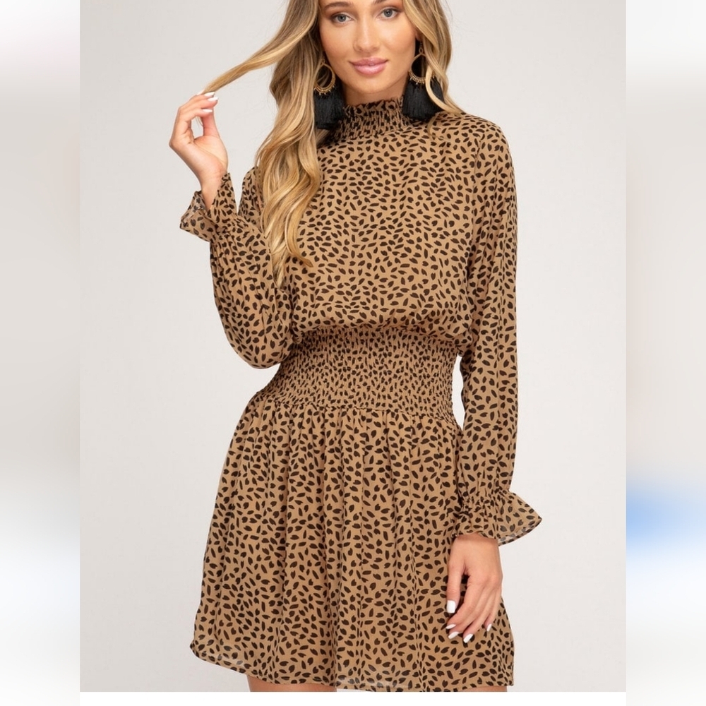 She + Sky Tan Fit and Flare Dress with Crew Neck and Bishop Sleeves - Picture 1 of 11